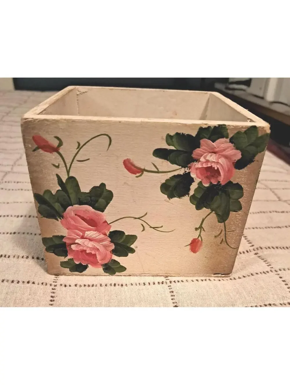 Vintage Hand-painted Country Pink Rose Wood Box/Planter/Desk Organizer